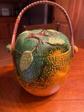 Vintage Orange Biscuit Cookie Jar w/Wicker Handle Japan Pottery Greens & Orange picture