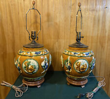 MATCHED PAIR OF LARGE BULBOUS MAJOLICA JAR LAMPS ASIAN INSPIRED picture