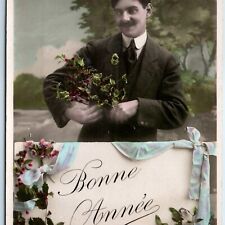 c1910s French Man Happy New Year RPPC Hand Colored Lotus Floral Real Photo A149 picture