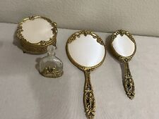 Vintage Set Lot 4 Vanity Items Hand Mirror, Perfume Bottle, Brush and Powder Jar picture