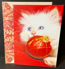 VTG SPCA Christmas Card UNUSED White Kitty Cat Holding Ornament Decorated Env picture