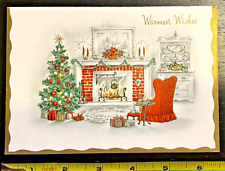 Vtg 60s Silver Glittered Gold Accent Christmas Fireplace Embossed Greeting Card picture