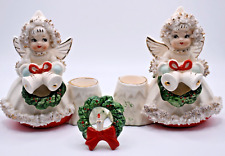 Pair Vintage 1950s COMMODORE Japan ANGEL CANDLE HOLDERS SPAGHETTI TRIM w Box picture