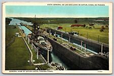 Postcard General View of Gatun Locks, Panama Canal military ship C25 picture