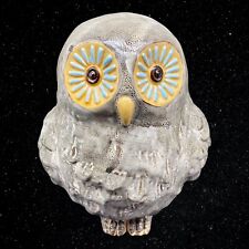 Art Pottery Speckled Grey Owl Big Eyes Blue Orange Owl Figure 8.5”T 6”W picture