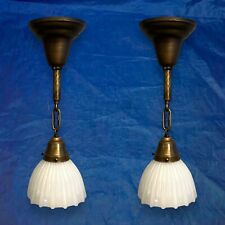 Wired Pair Brass Pendant Light Fixtures White Scalloped Shades 8J picture
