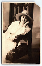 c1910 YOUNG LADY WITH HAT IN GIANT CHAIR STUDIO PHOTOGRAPH RPPC POSTCARD P4278 picture