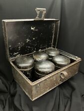 Antique Hinged Metal Spice Box with 5 Metal Canisters with Lids And Match Safe picture
