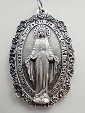 Catholic Silver Tone XL Miraculous Medal Rose Border Latin 1 3/4