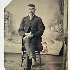 Antique Tintype Photograph Handsome Charming Young Man Great Backdrop Gay Int picture