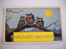 OWLS OFFER GREETINGS ON HALLOWEEN antique unused EMBOSSED postcard CHROMO picture