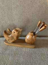 VINTAGE MID CENTURY WOODEN HORS D' OEUVRES EGG PICK HOLDER & CHICK NAPKIN HOLDER picture
