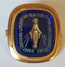 Vintage Gold Tone and Blue Stone Mary Pray for Us Religious  Pin picture