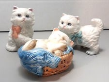 Vgt Lot of 3 Cat Figurines Kittens Homco Avon Porcelain Basket White Blue Pink picture