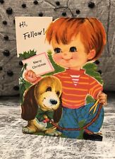 1 NOS Vintage Retro Boy With Puppy Dog Gibson Christmas Card New Unused picture