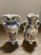 Two Vintage 1950s 2 Handle Gilt Porcelain Floral Vases Royal Dux Bohemian Czech picture