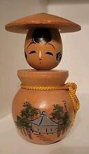 Kokeshi Doll Signed Handpainted Kasa Hat Vtg Traditional Japanese Wood 4 Inches picture