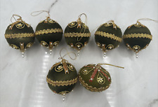 Vintage MCM Push Pin Christmas Ornament Green VELVET Round Gold & Pearls- 7 picture
