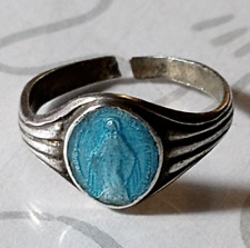 Creed Virgin Mary Baby Ring Sterling Silver Vintage Miraculous Medal Blue Enamel picture