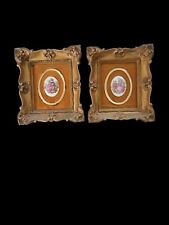 Vintage Courting Couple Ceramic Medallions  Pictures~Velvet Mat~Wood Frame~B&S  picture