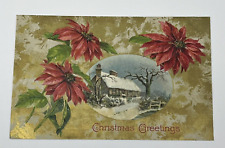 Christmas Greetings Embossed Holiday Postcard Country House Poinsettia picture