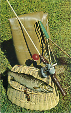 Chetek, Wisconsin WI Fishing Creel, Rod, Reel, Waders and Catch Vintage Postcard picture