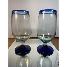 Vintage Set of 2 MCM Mexican Blown Glass Cobalt Blue Water Goblets picture