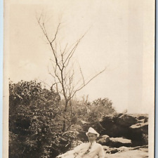 c1910s Classy Cool RPPC Outdoor Relaxing on Rock in Sun Real Photo Postcard A211 picture