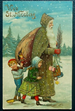 Long Green Robe Santa Claus with Children~Antique Christmas Postcard~k246 picture