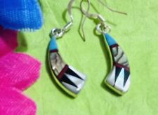 Navajo 2-Sided Sterling Turquoise, Coral, Abalone Onyx Earrings #792 picture