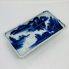 Vintage Japanese Scenic Trinket Dish Tray Blue White Painted Nature Art Decor X1 picture