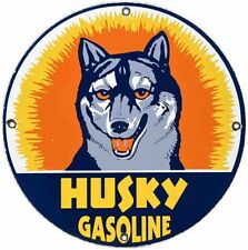 VINTAGE HUSKY GASOLINE PORCELAIN SIGN K-9 GAS STATION PUMP PLATE MOTOR OIL DOG picture