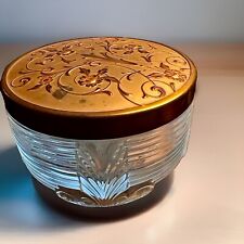 Vintage Art Deco Glass Powder Jar | Vanity Container | Metal Floral Scroll Top | picture