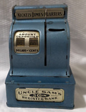 Vintage Uncle Sams 3 coin Metal Register Bank nickels dimes & quarters **WORKS** picture