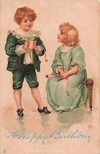 Happy Birthday Raphael Tuck Boy w/Dance Card Girl On Bench c.1908 Postcard A427 picture