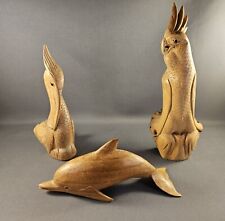 ~ Lot of 3 Hand Carved Hibiscus Wood Figurines ~ Dolphin, Pelican, Cockatiel ~ picture