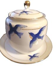 Vintage Nippon Hand painted Lidded Bowl With Saucer Bluebirds Porcelain 6
