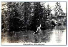 1948 Greetings From Alba Michigan MI, Man Trout Fishing RPPC Photo Postcard picture