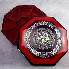 Asian Mother of Pearl Octagon Sectional Lacquer Box Red & Black 9pcs 1984 Korea picture