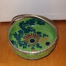 Antique Vtg Japanese Awaji Bowl Signed Silver Wire Clad 2 Handles Green Floral picture