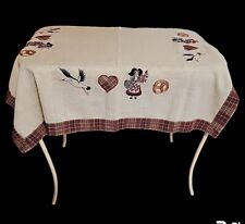 Vintage Embroidered Tablecloth Dutch Girl Stork Heart Pretzel Plaid Trim 32 x 32 picture