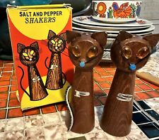 MCM NOS Wood Glass Eyed Siamese Long Neck Cat Salt Pepper Shaker Japan Leather picture