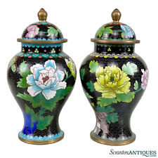 Vintage Chinese Cloisonne Brass & Enamel Black Floral Ginger Jar Urns - A Pair picture