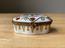 LD LIMOGES Hand Painted Trinket Box - Green Dots, Red Flowers, Gold Ribbons picture