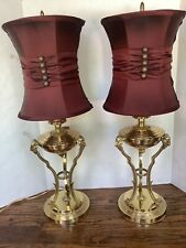 Vintage Heavy Pair Brass Lamps Animal Rams Heads Hollywood Regency Burgundy 26” picture