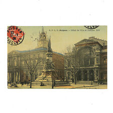 1908 Early Linen Postcard Avignon France Hotel de Ville et Theatre Hand-Colored picture