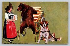 Artist Signed E Osswald German Lady Serving Beer Anthropomorphic Bear Wagon Dog picture