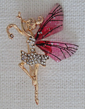 Dancing Fairy Brooch Pin Pink Wings with Rhinestones picture