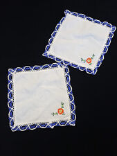 Lot of 2 Vintage Embroidered Crochet Lace Blue White Square Table Decor picture