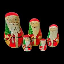 Vtg Wooden Christmas Santa Claus Russian Nesting Doll Handmade Painted Wood 5-Pc picture